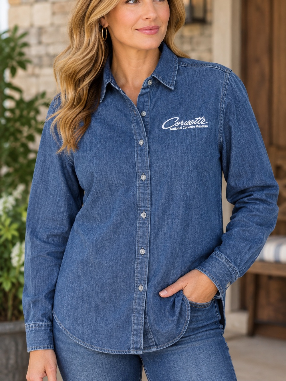 National Corvette Museum Denim Shirt Womens Small Blue Button Up Port Authority
